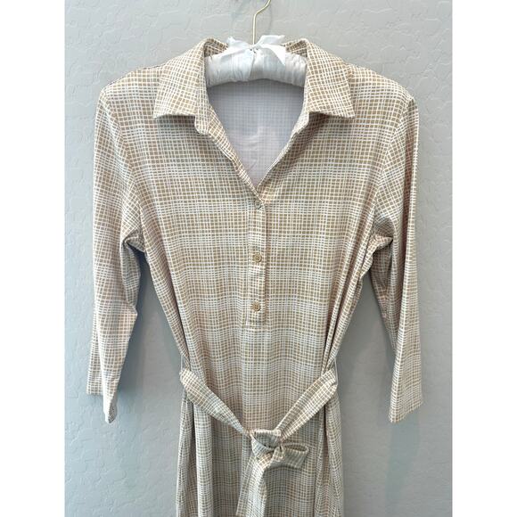 J.MCLAUGHLIN | Beige Grid Print Catalina Cloth Shirt Dress Belted | Size Small - Picture 2 of 7